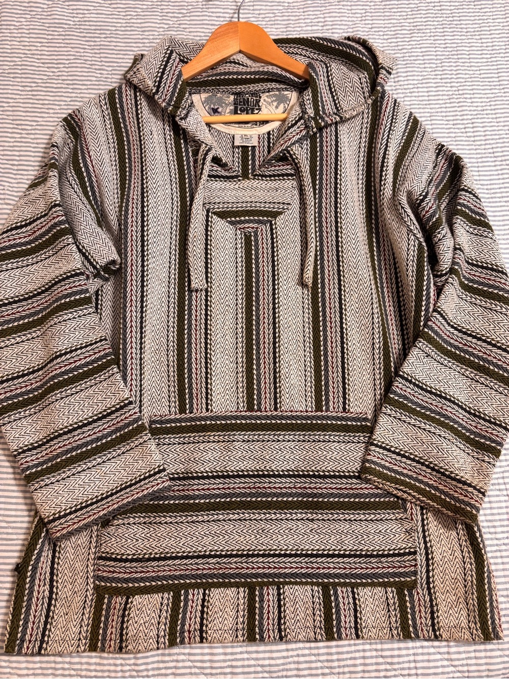 ORIGINAL SEÑOR LOPEZ Hooded Baja Pullover Sweater - Olive & Cream Stripe